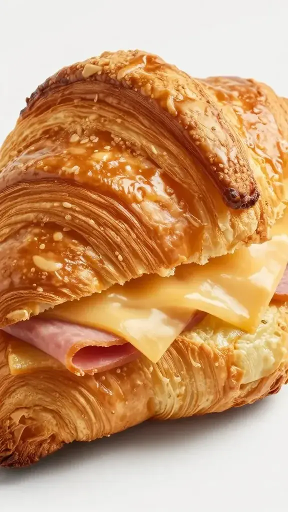 Close-up of a single flaky ham-and-cheese croissant half, melty cheese ooze