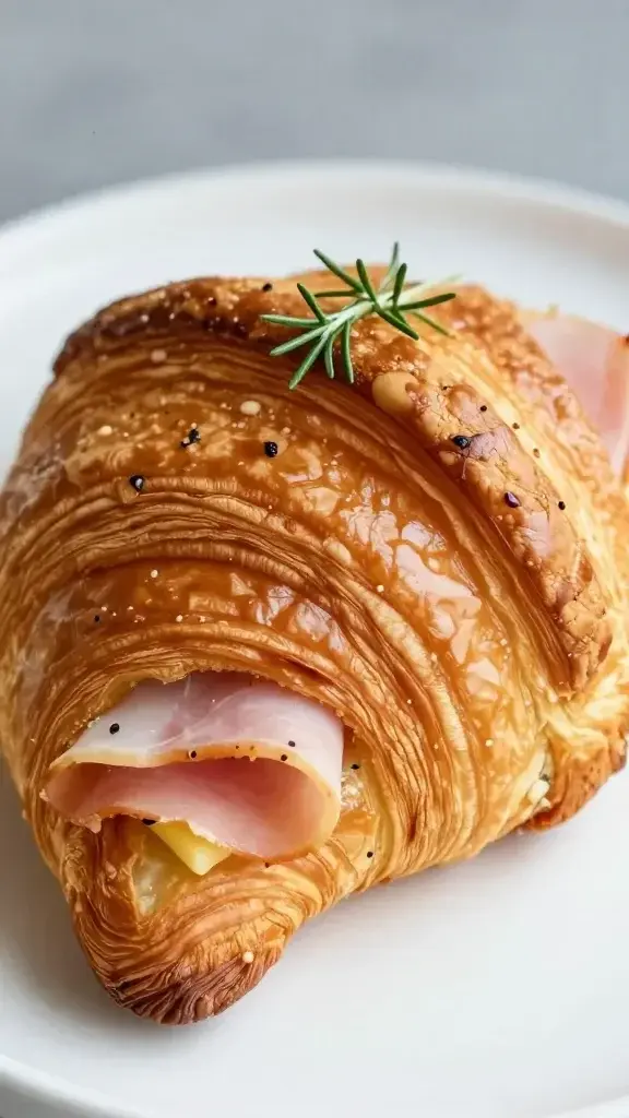 Close-up of a single buttery croissant with ham filling, herbs sprig garnish