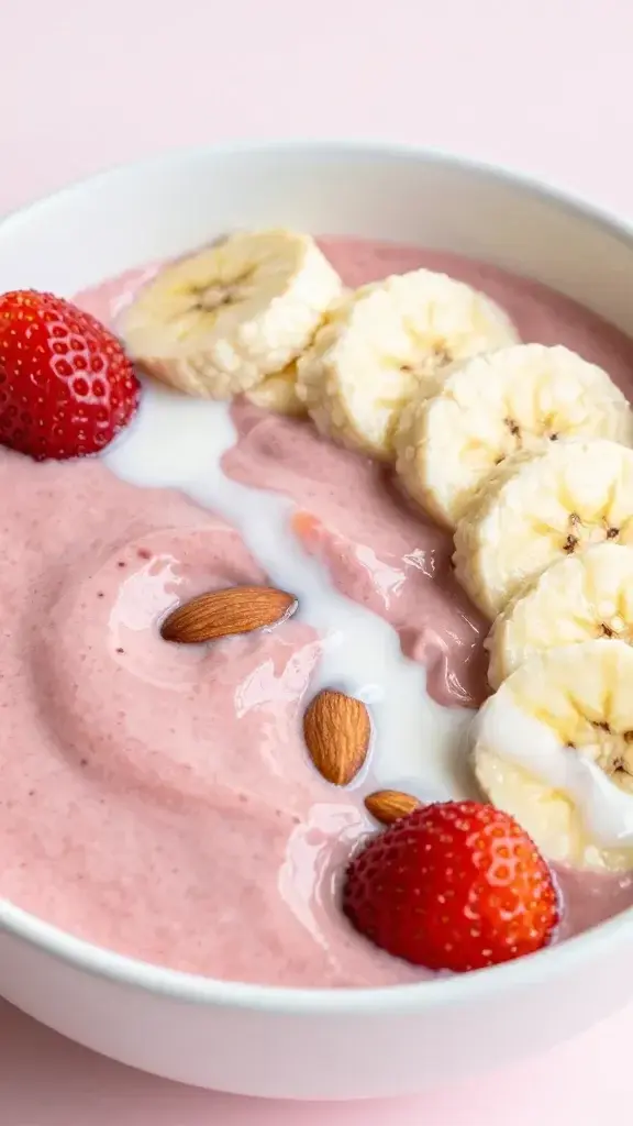 closeup of a strawberry banana smoothie bowl in a white bowl, vivid spring color, glossy top, almond milk drizzle, soft pastel background