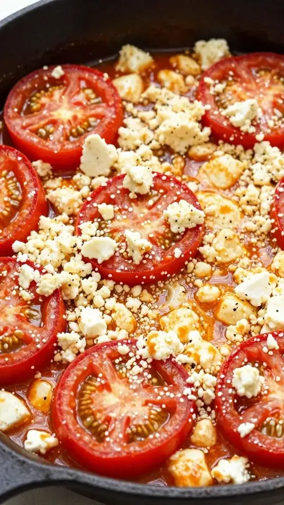 closeup of sunny tomato skillet with feta crumble