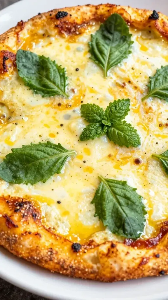 macro shot of bright spring greens atop shakshuka plate