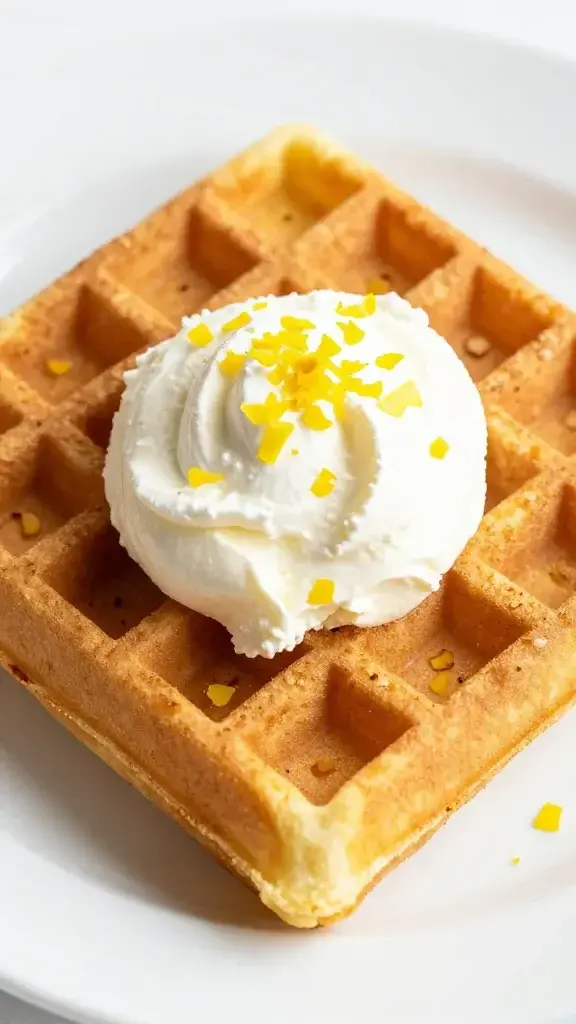 closeup of lemon ricotta waffles on a white plate with lemon zest