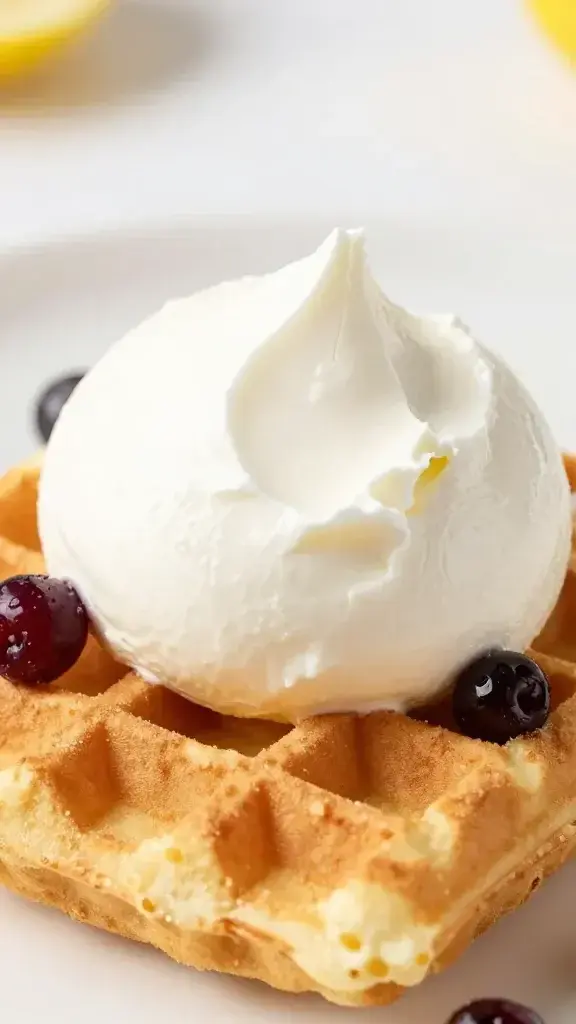 closeup of whipped ricotta scoop atop lemon-berry waffle bite