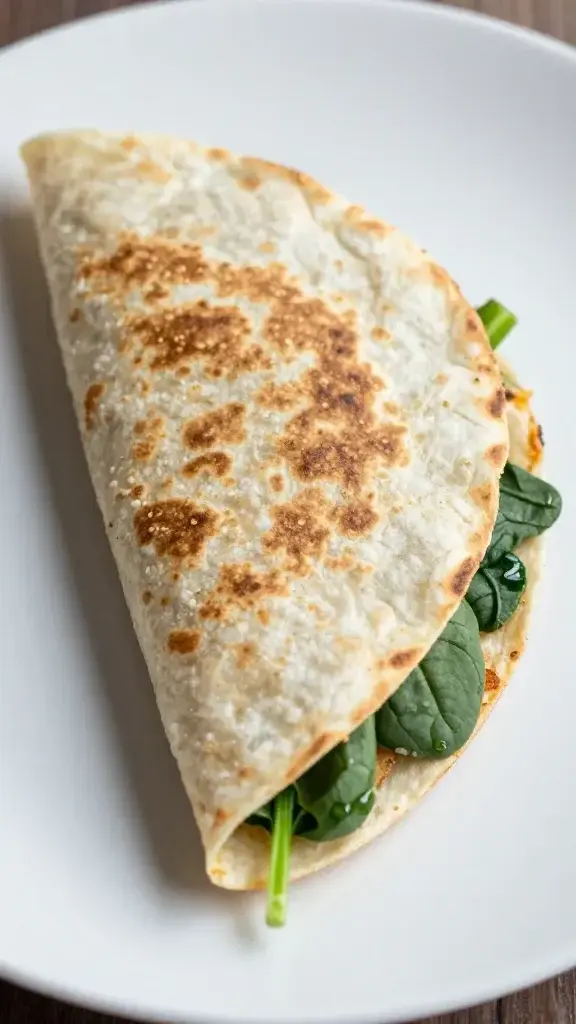 Closeup of a single spring spinach quesadilla folded on plate