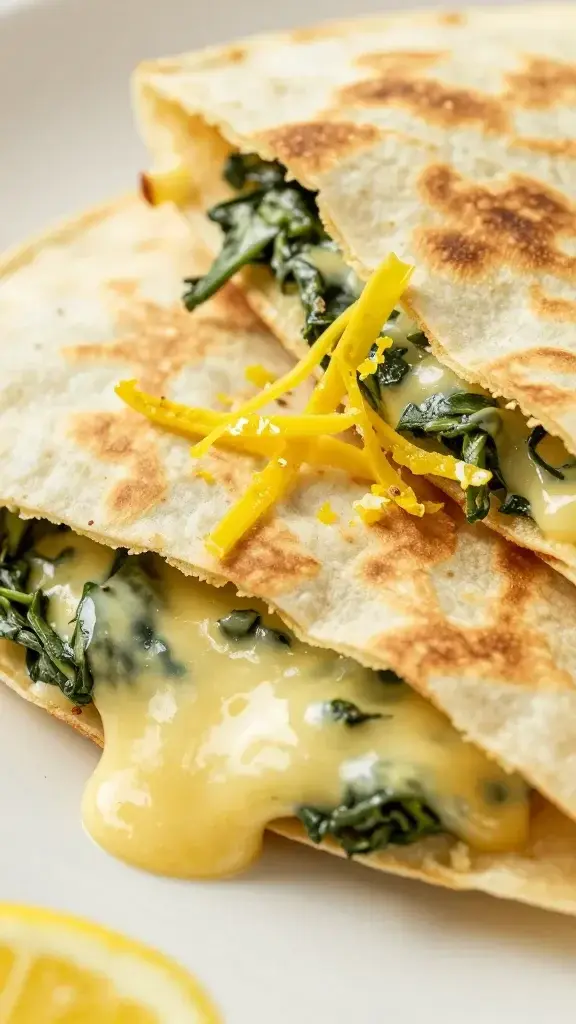 Macro shot of lemon zest over melted spinach-cheese quesadilla