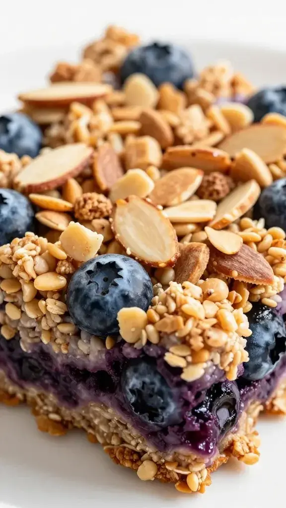 closeup of blueberry baked oatmeal slice with Almond Crunch topping