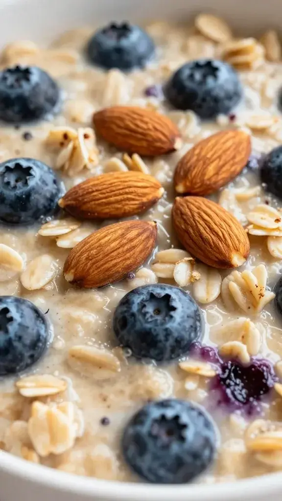 closeup of almonds sprinkled atop steaming blueberry baked oatmeal bowl