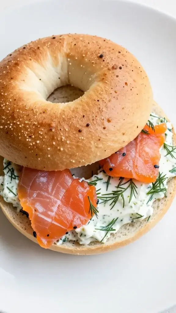 Closeup of a single smoked salmon bagel with dill spread on white plate