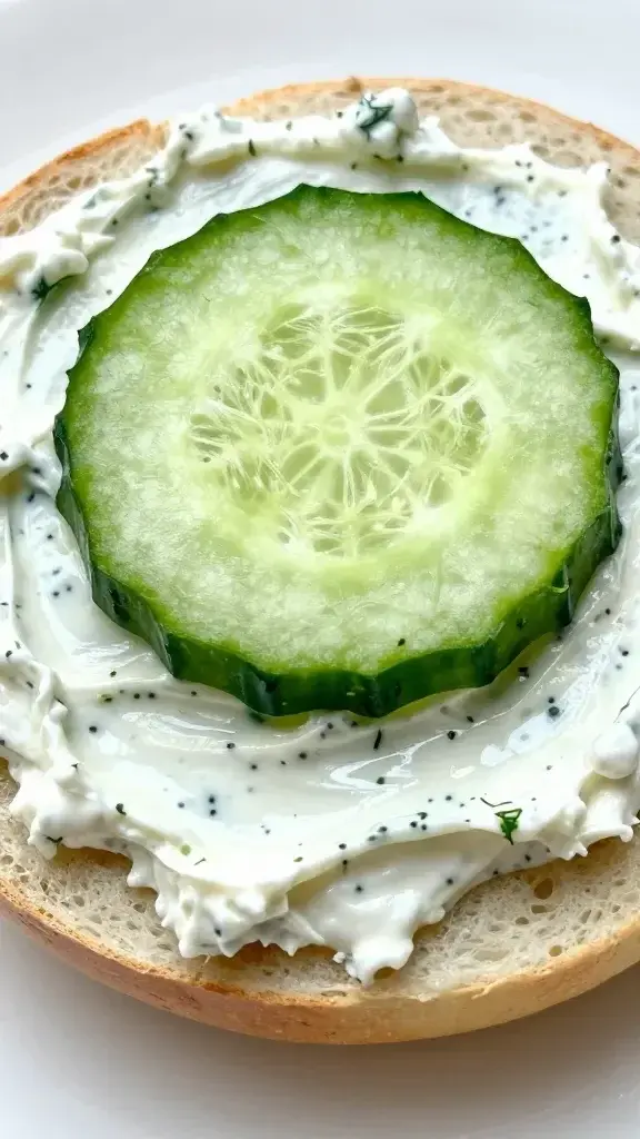 Closeup of a single dill-spread smeared bagel half topped with thin cucumber slice