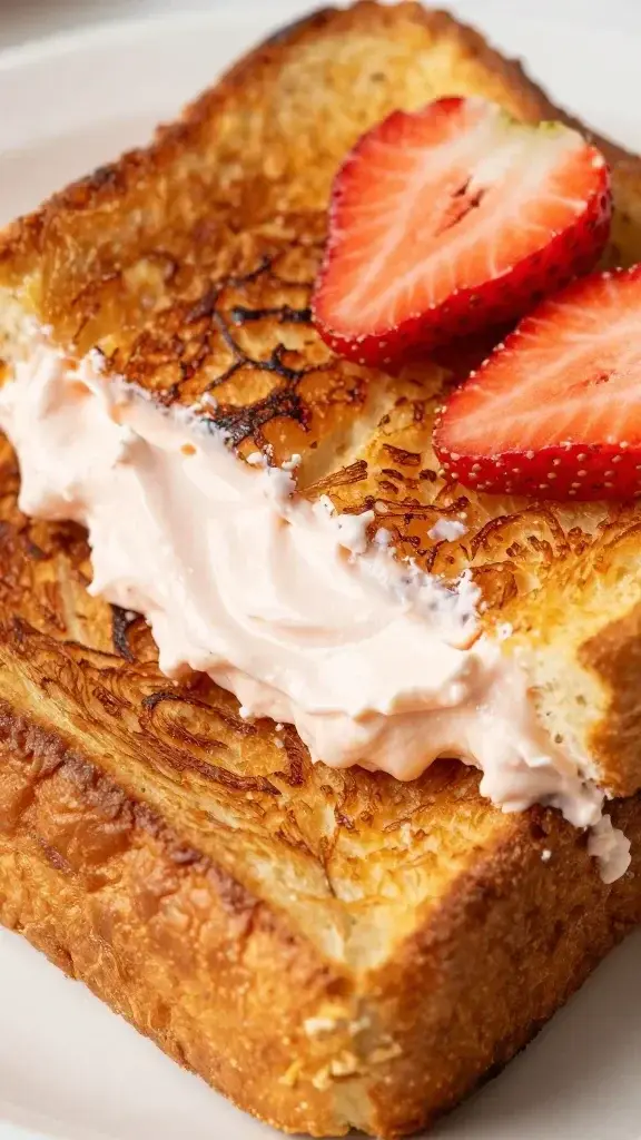 closeup of strawberry cream cheese stuffed French toast slice