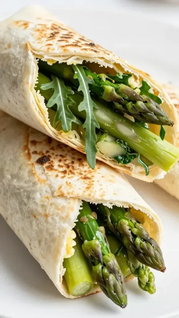 closeup of spring breakfast burrito filling with asparagus tips and arugula