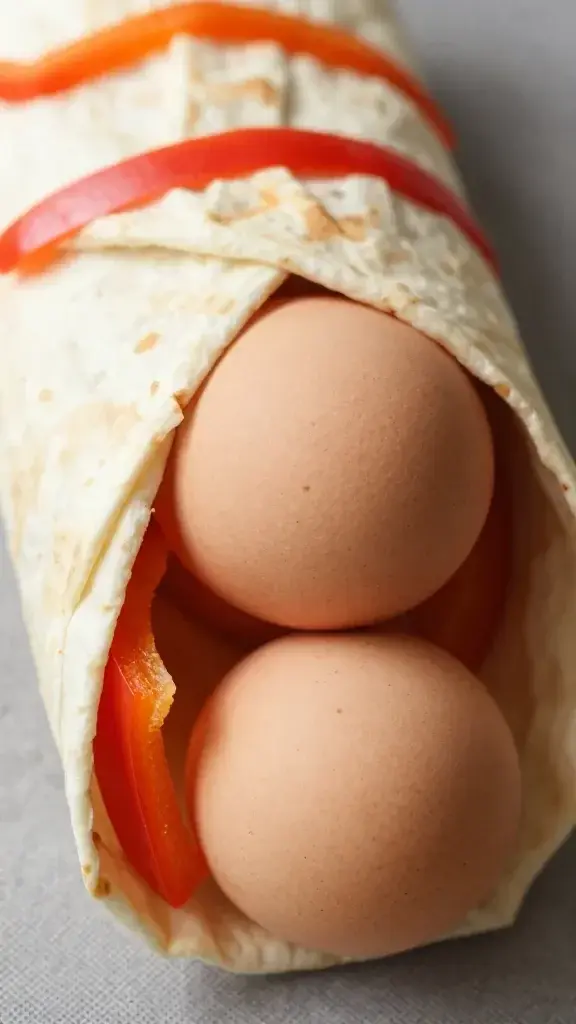 closeup of fluffy eggs peeking from a wrapped veggie burrito with bell pepper stripes
