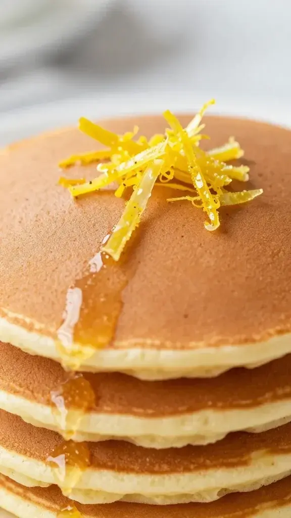 closeup of lemon zest over fluffy pancake stack