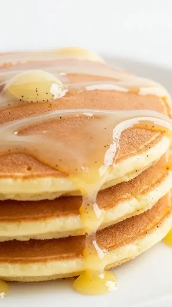 macro of glazed lemon poppy seed pancake with drizzle