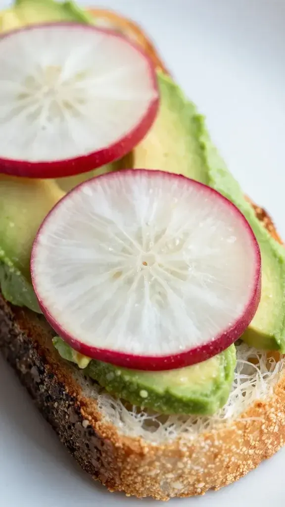 closeup of avocado toast with radish slices on golden bread