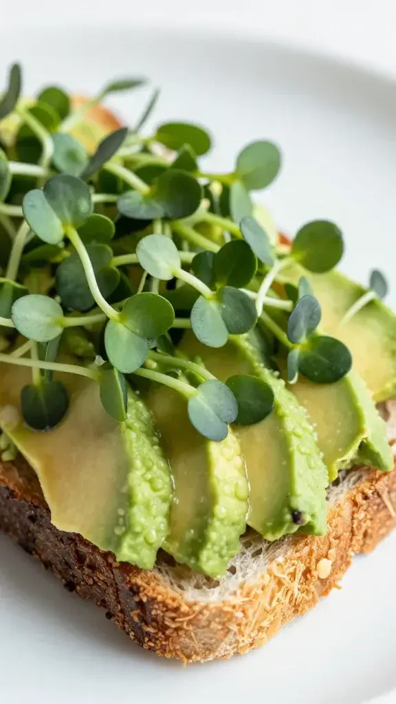 closeup of microgreens topping on avocado toast on white plate