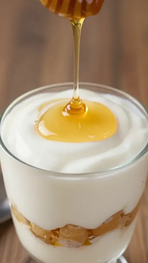 Closeup of honey drizzle over layered yogurt parfait in a glass