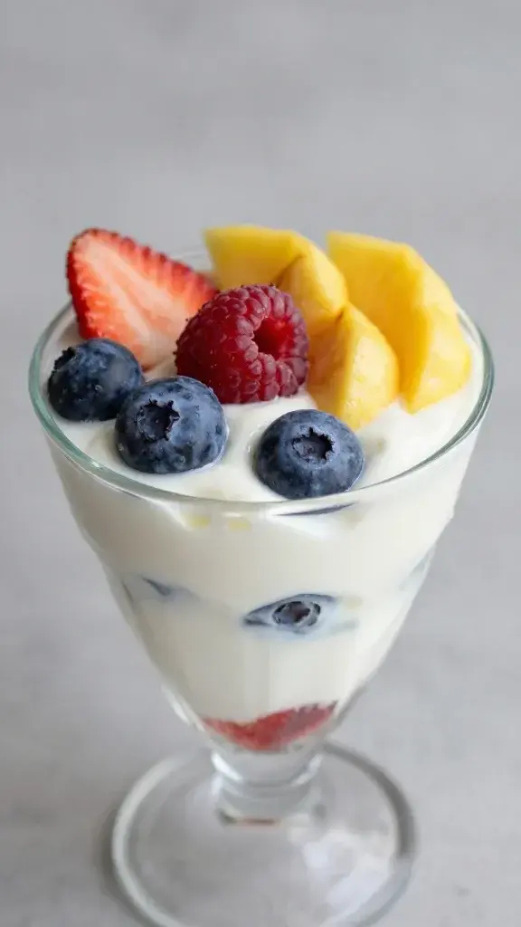 Closeup of fresh spring fruit atop vanilla yogurt in透明 parfait glass
