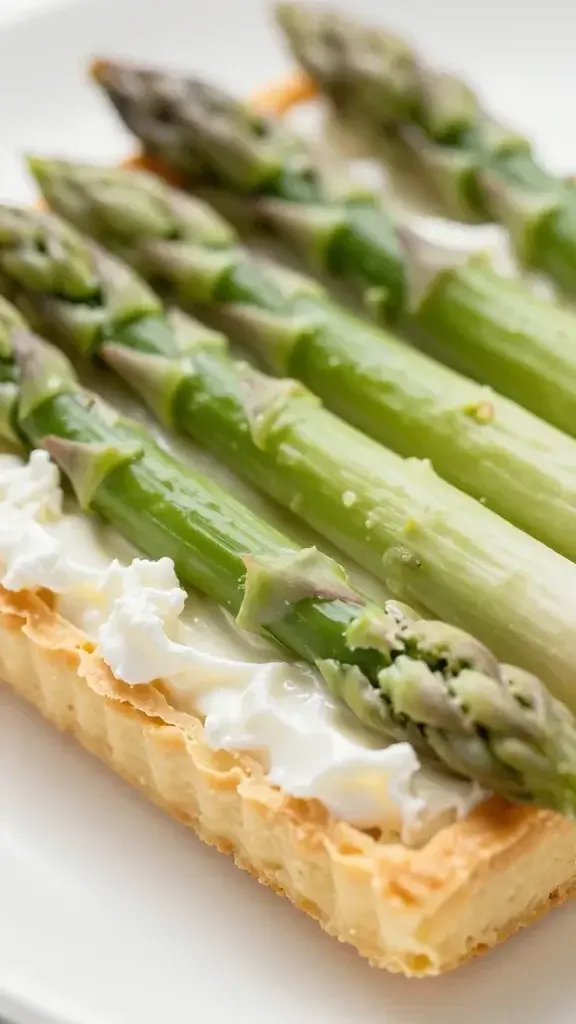 closeup of asparagus spears arranged over ricotta-filled tart slice