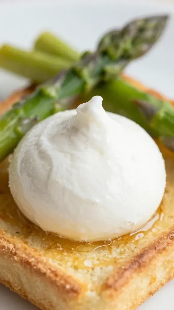 closeup of a single ricotta dollop on toasted tart edge with asparagus tip focus