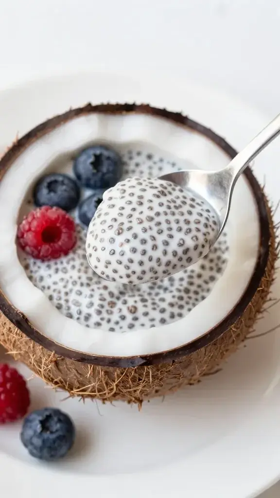 closeup of a single coconut chia pudding spoonful with berries on white plate