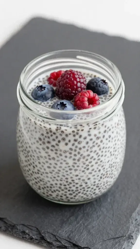 closeup of a single glass jar of coconut chia pudding with berry garnish on slate surface