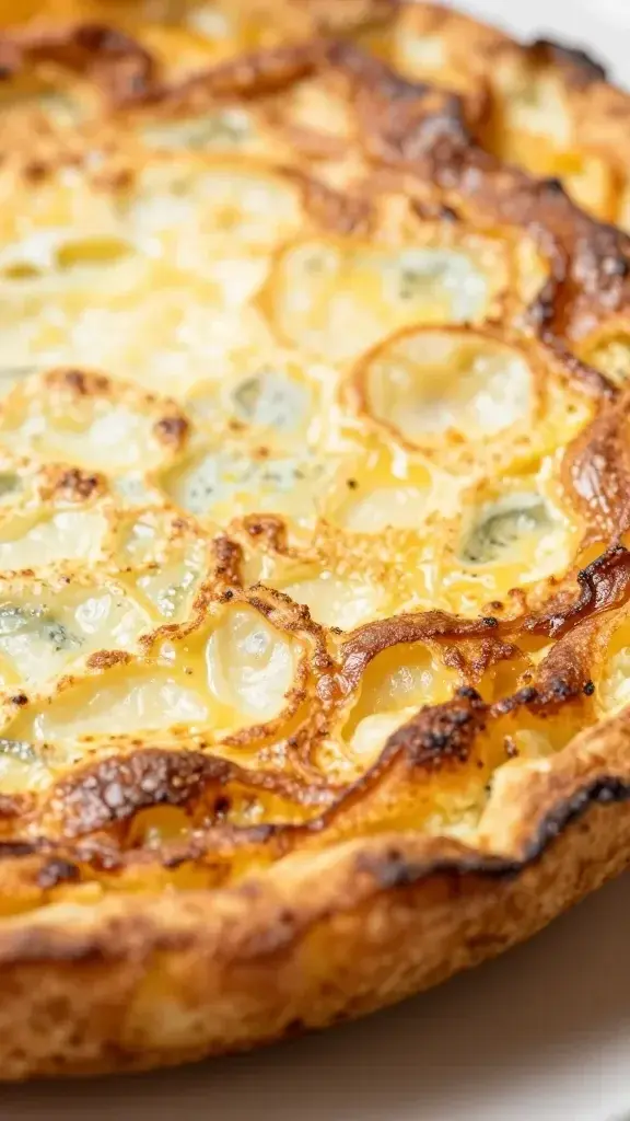 closeup of a goat cheese frittata edge with crispy brown crust