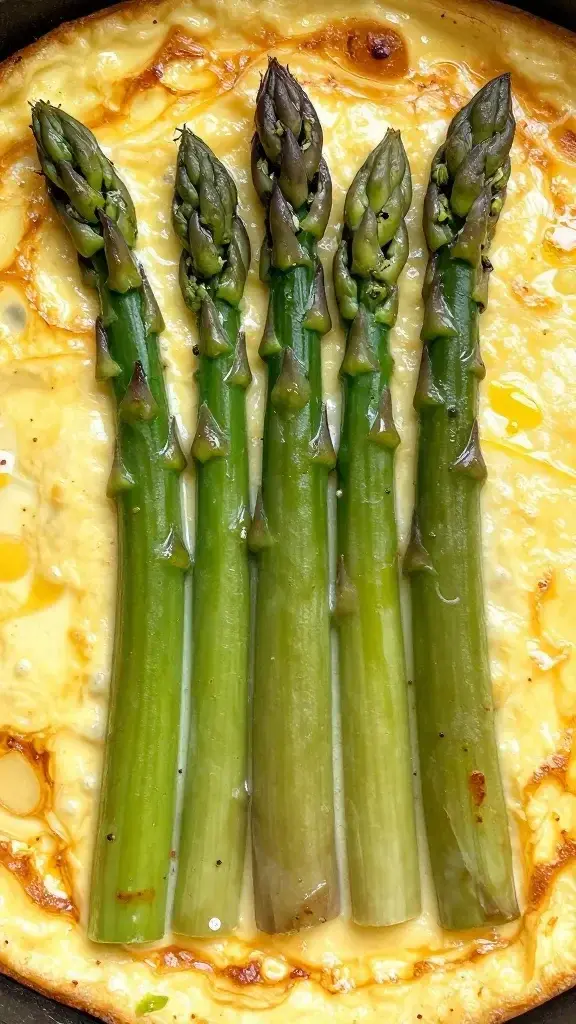 closeup of vibrant asparagus spears atop creamy frittata center