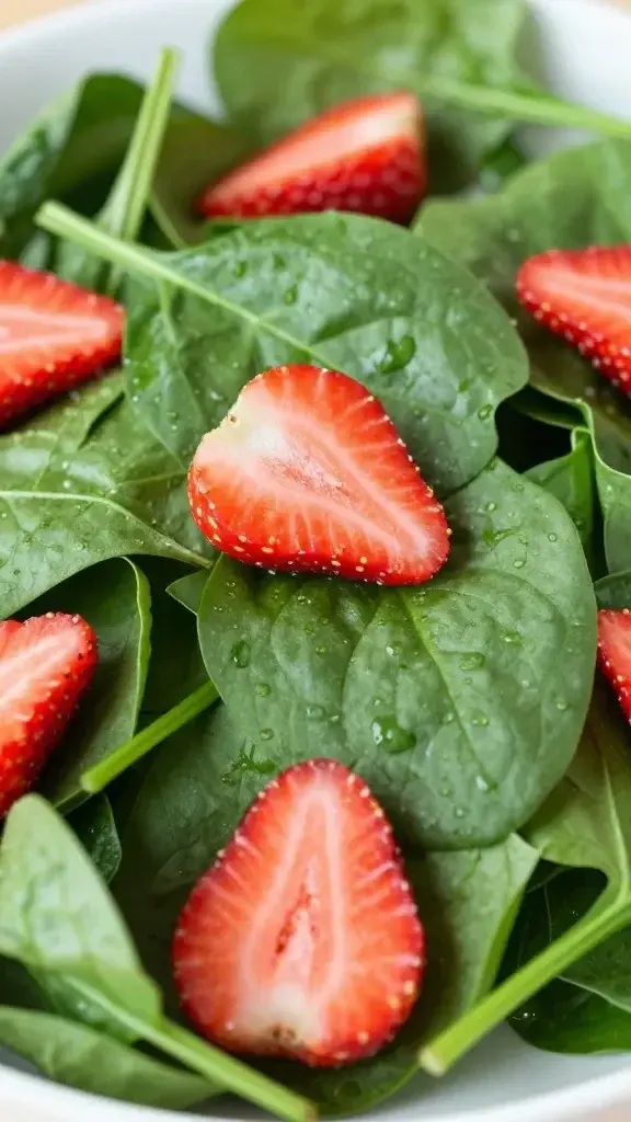 closeup of strawberry spinach breakfast salad leaf greens