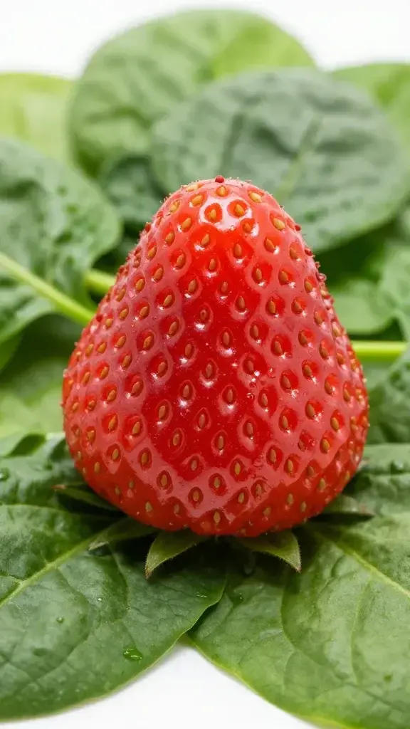 macro shot of strawberries atop fresh spinach leaves
