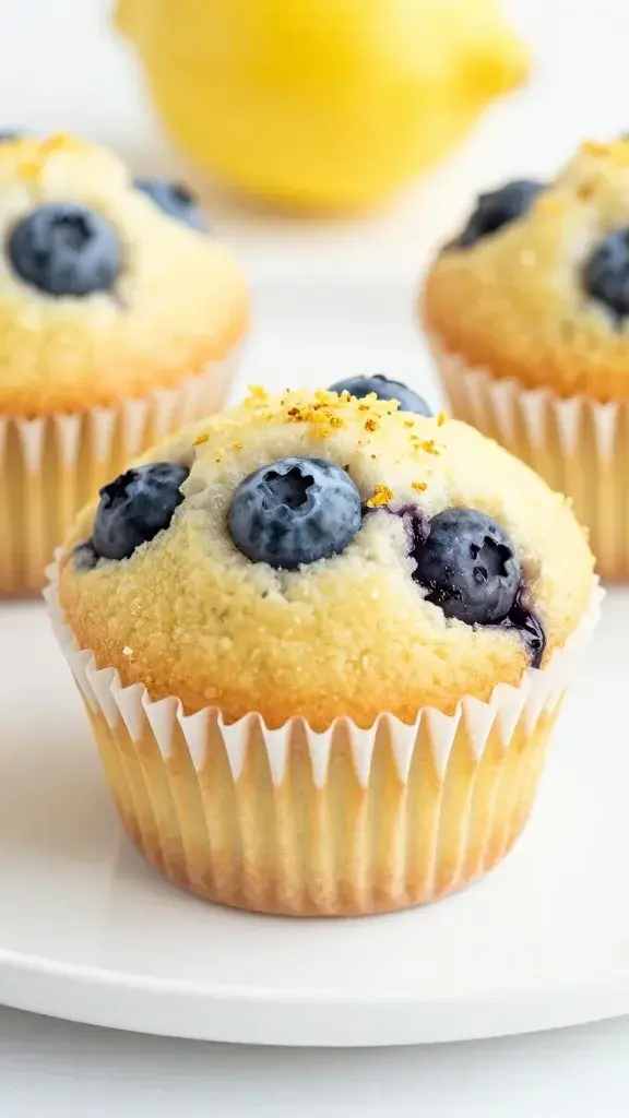 closeup of lemon-blueberry muffin with zest dusting on white plate