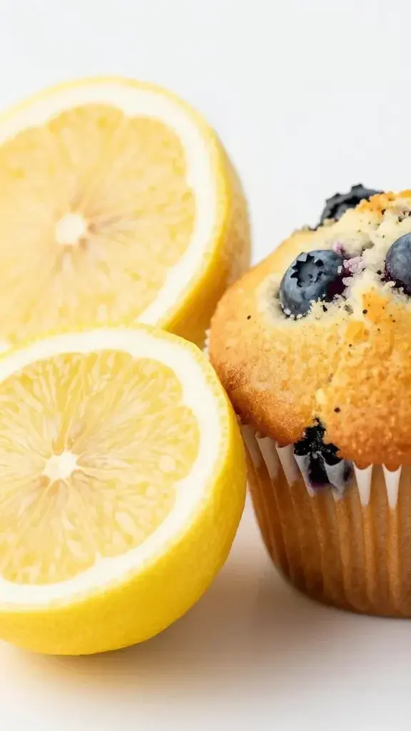 closeup of halved lemon beside a single blueberry muffin, soft crumb visible