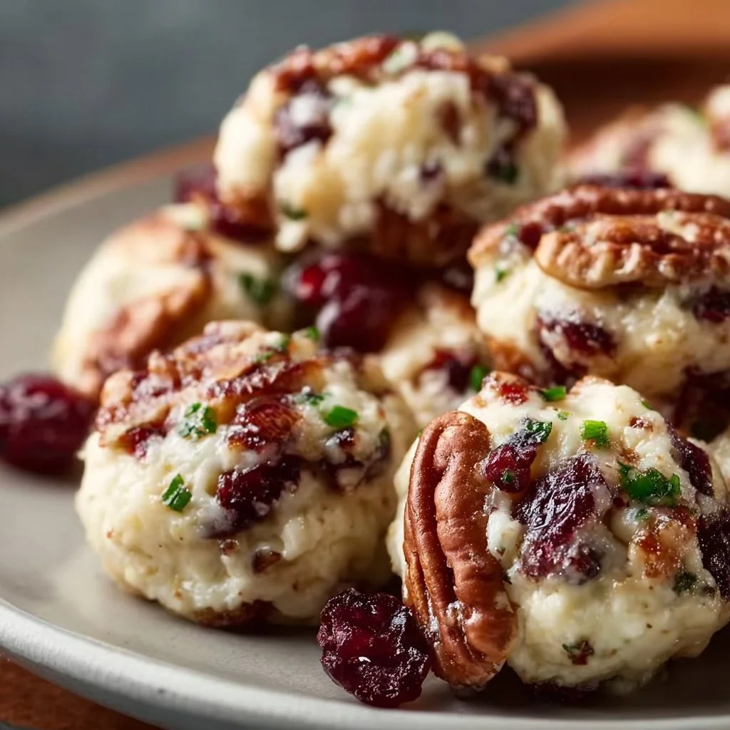 Delicious cranberry pecan cheese bites on a platter, perfect for snack or appetizer.