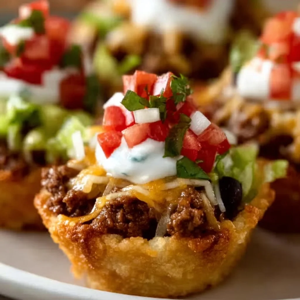 Platter of irresistible mini taco cupcakes topped with fresh ingredients