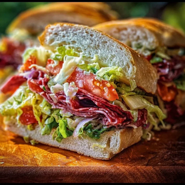 Delicious Italian Grinder Salad Sandwich with fresh ingredients on a rustic bun.