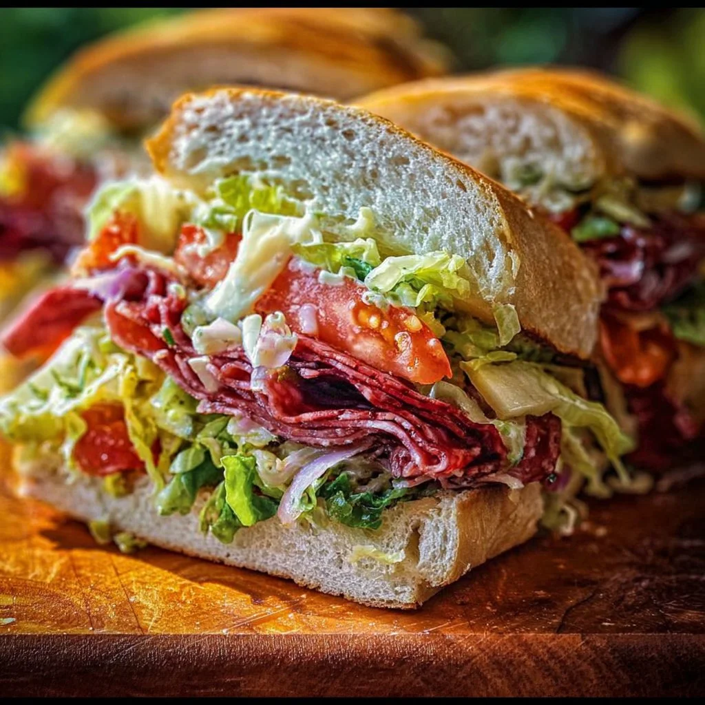 Delicious Italian Grinder Salad Sandwich with fresh ingredients on a rustic bun.