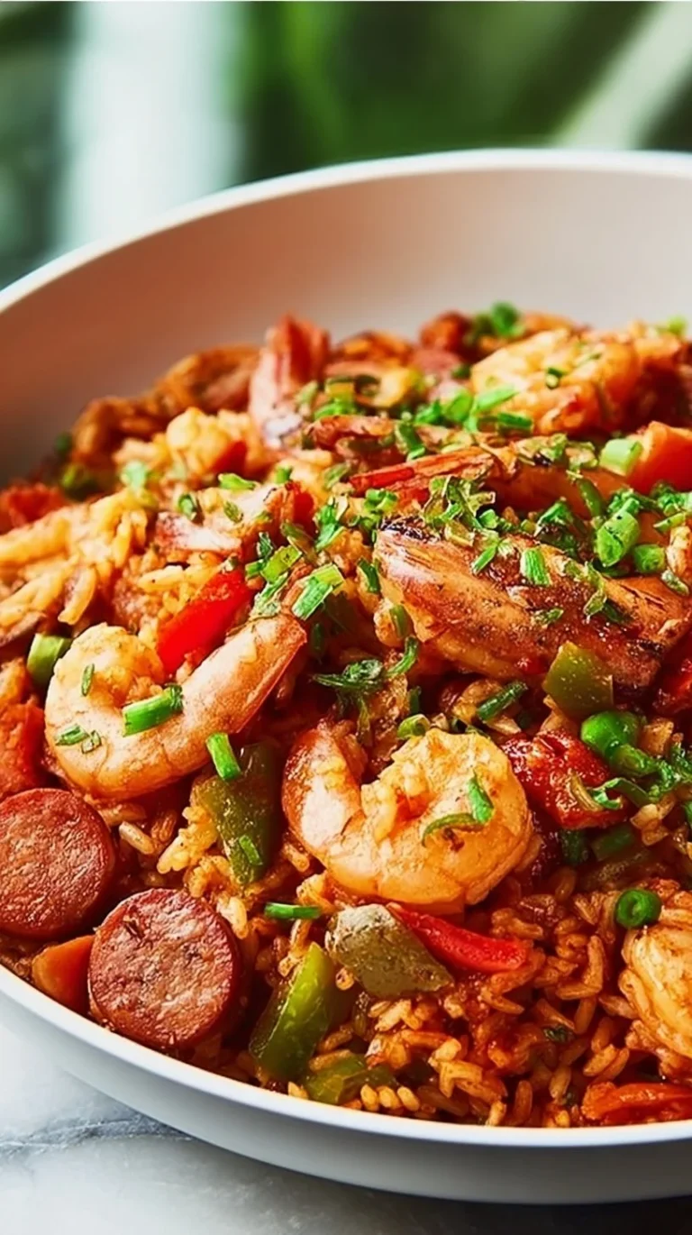 Delicious plate of jambalaya with shrimp, sausage, and rice
