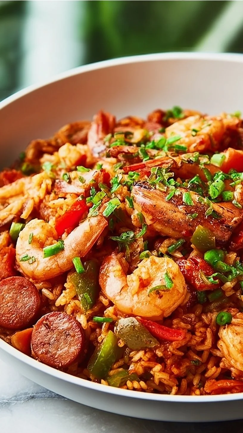 Delicious plate of jambalaya with shrimp, sausage, and rice