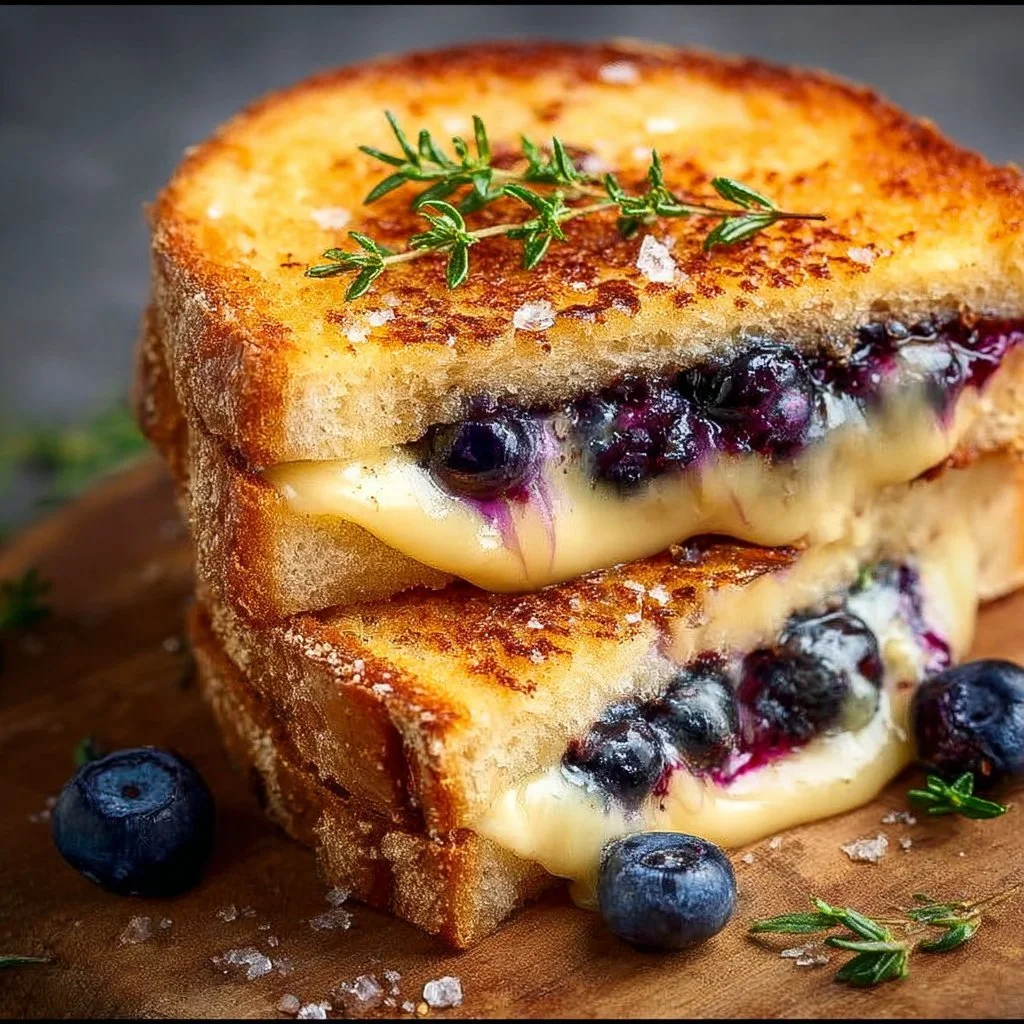 Juicy blueberry grilled cheese sandwich with melted cheese and fresh blueberries