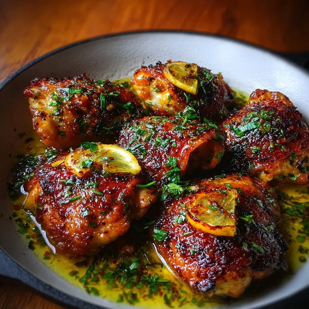 Lemon Paprika Roast Chicken Thighs garnished with herbs on a white plate