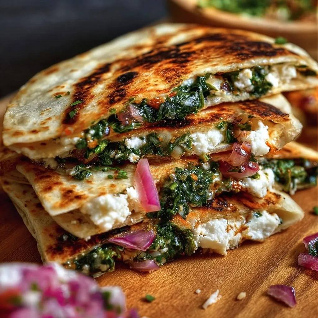 Mediterranean Quesadillas with Spinach, Feta, Mozzarella, and Red Onion