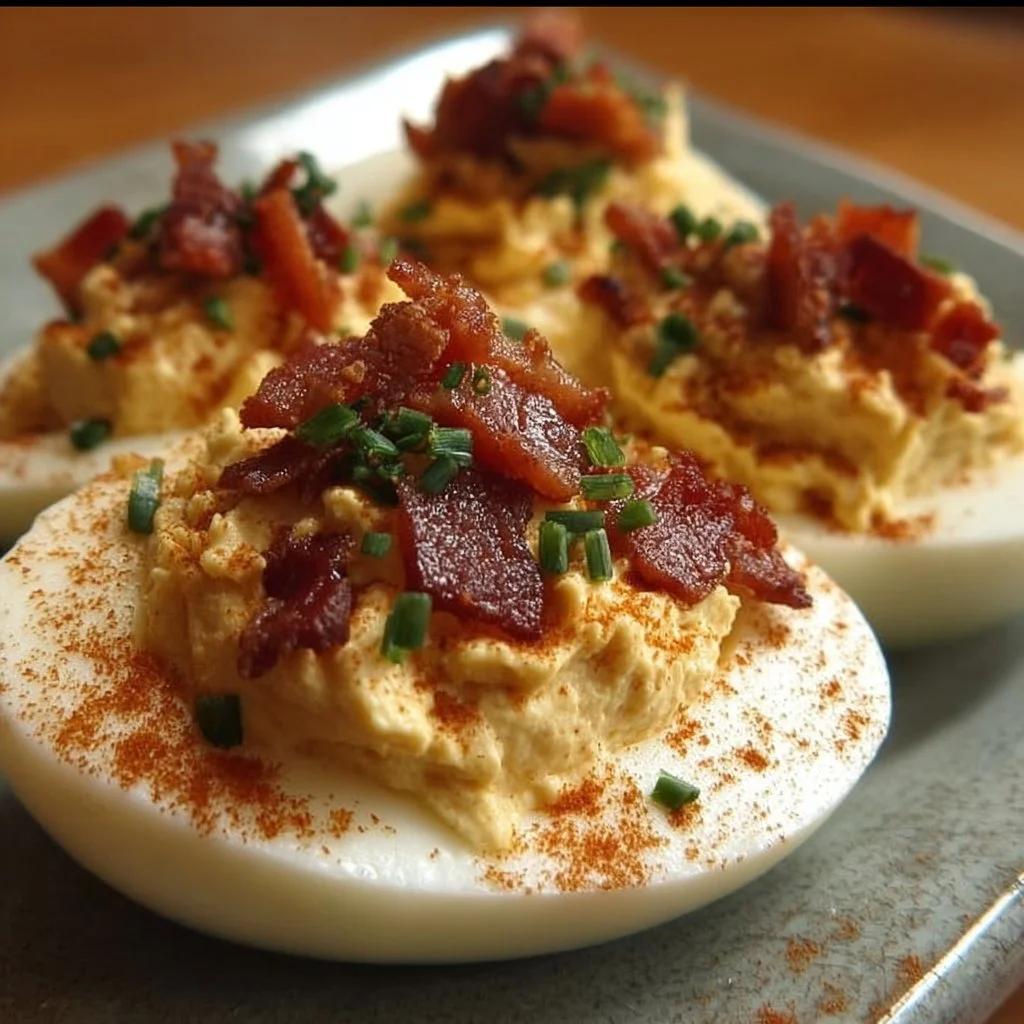 Million Dollar Bacon Deviled Eggs garnished with crispy bacon and herbs.