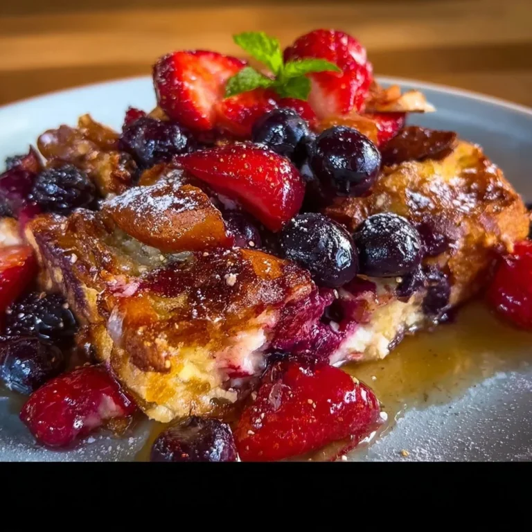 Mixed Berry French Toast Casserole baked with fresh berries and maple syrup