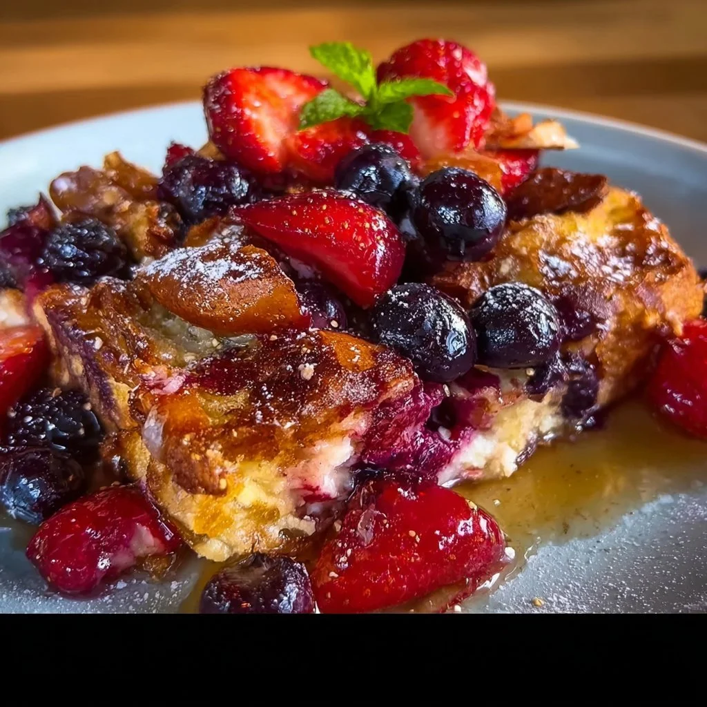 Mixed Berry French Toast Casserole baked with fresh berries and maple syrup