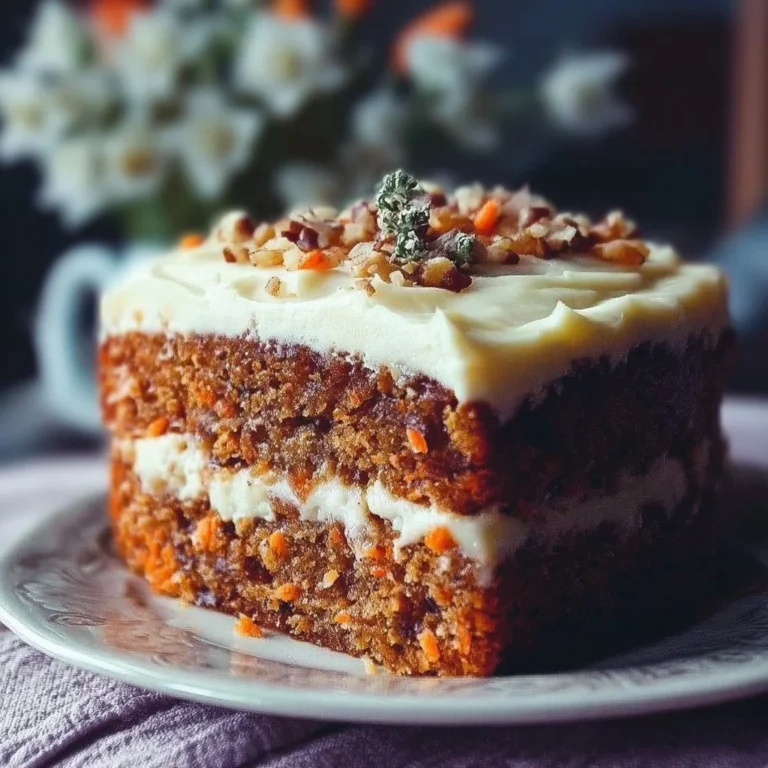 Slice of Mom's legendary carrot cake topped with cream cheese frosting