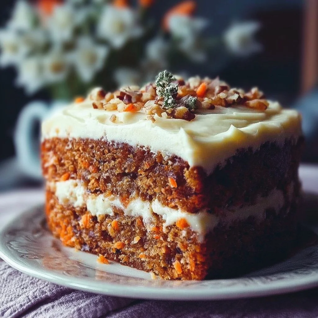 Slice of Mom's legendary carrot cake topped with cream cheese frosting