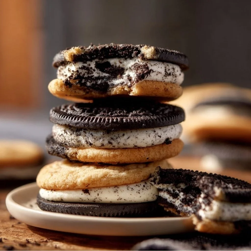 Oreo Cheesecake Cookies on a plate with chocolate drizzle.