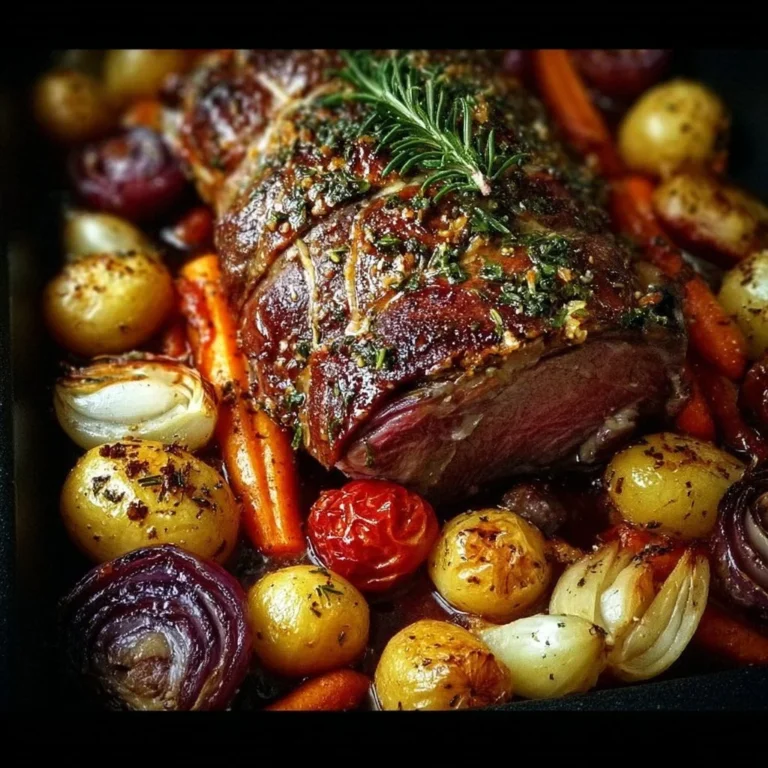 Oven-roasted leg of lamb with colorful vegetables on a serving platter.