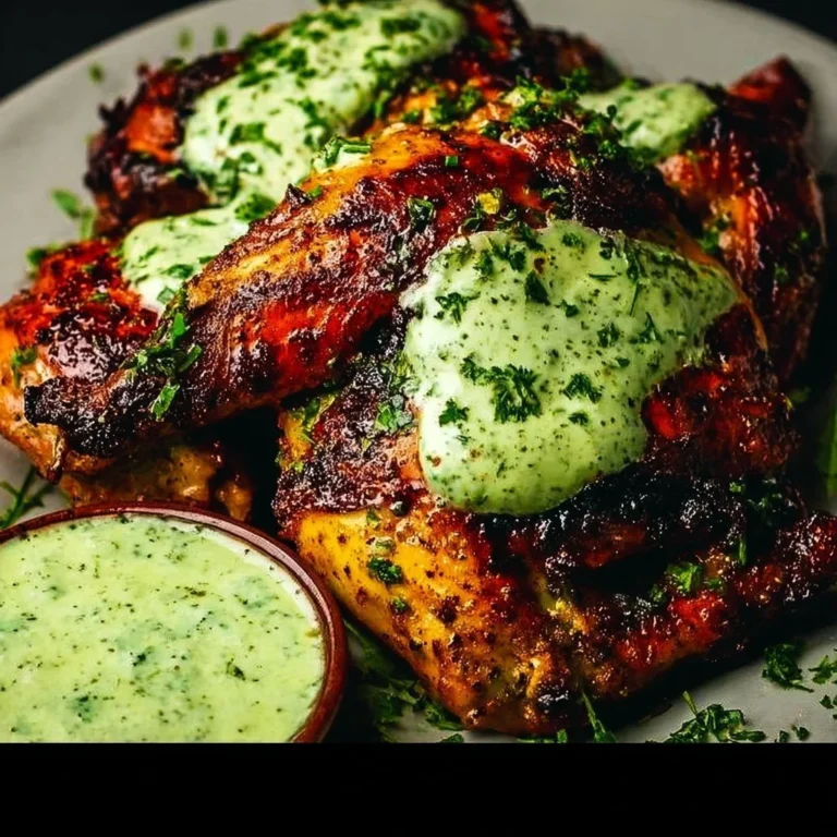 Delicious Peruvian grilled chicken served with creamy green sauce