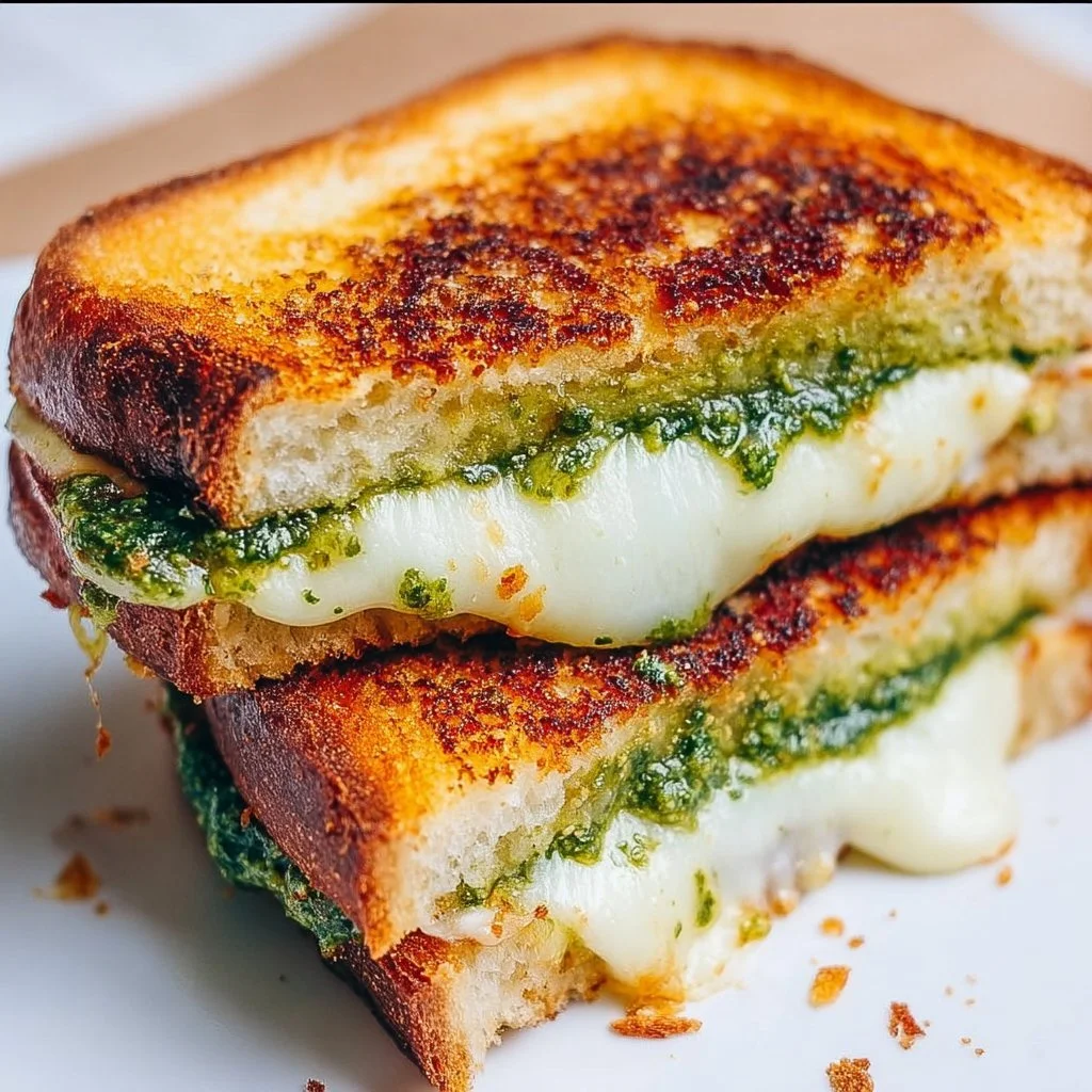 Delicious Pesto Grilled Cheese sandwich with melted cheese and fresh pesto